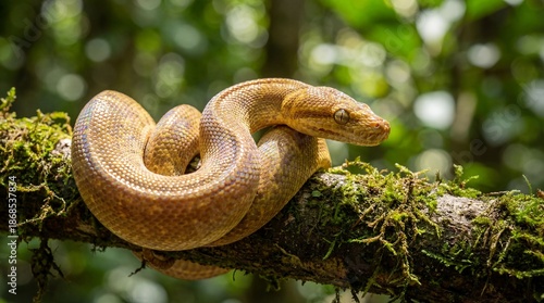 Golden Snake Camouflaged on a Mossy Branch in a Lush Tropical Forest Environment
