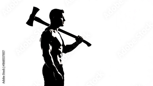 Silhouette of a muscular man holding an axe on his shoulder. High contrast black and white fitness and strength concept. Isolated on a white background with copy space