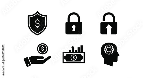 Security finance and protection icons presented as bold black shapes a silhouette