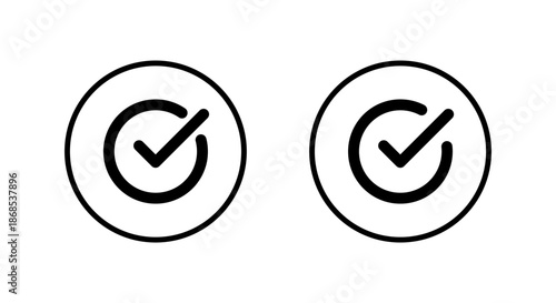 Checkmark and check mark icon set in circular outline. Completed task, confirmation symbol