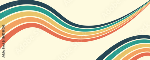 Abstract colorful 70s background vector. Vintage retro wallpaper with rainbow stripes and wavy lines. A 1970 color illustration suitable for posters, banners, decorative items and wall art.