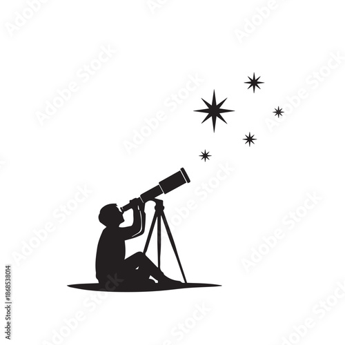 Telescope Silhouette Icon of Person Stargazing, Black Vector Illustration