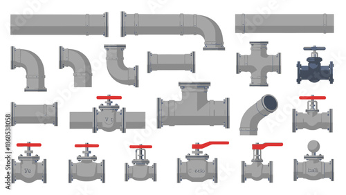 Large Set of Grey Industrial Pipe Fittings and Red Valves on Bright Studio Background
