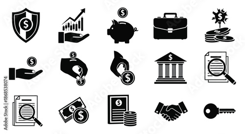 Financial icons representing security growth investment and banking depicted in black silhouette