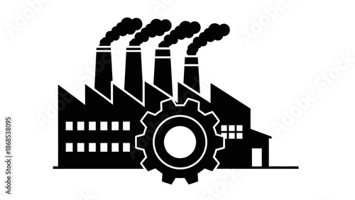 Black Silhouette of an Industrial Factory Building with Smoking Chimneys and Cogwheel Detail on Isolated White Background
