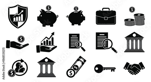 Financial icons depicting savings growth security and investment opportunities a silhouette