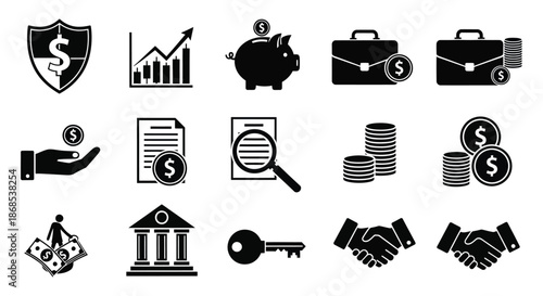 Financial icons depict security growth savings and investment opportunities in a bold silhouette