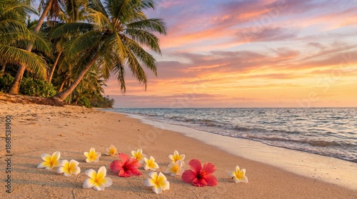 Tropical Beach at Sunset with Colorful Flower Petals Adorning the Sand and Gentle Ocean Waves