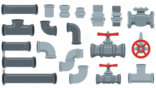 Collection of grey plumbing pipes and connectors with prominent red valves for industrial and residential systems on isolated white background.