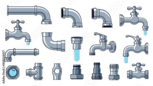 Detailed illustration of various plumbing components including pipes, connectors, and faucets with dripping water on an isolated white background.