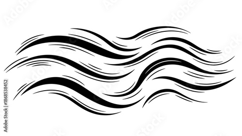 Set of elegant black wavy lines representing smoke, steam, or aroma on an isolated white background.
