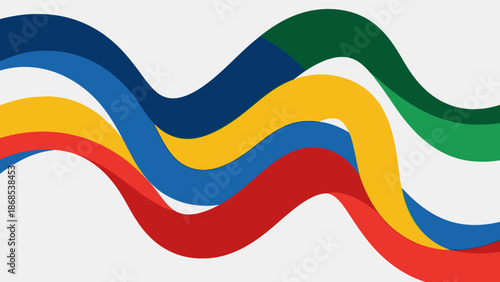 Dynamic abstract background of flowing colorful waves in red, blue, green, and yellow on a bright studio background.