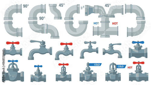Collection of various plumbing pipe connections, valves, and faucets with hot and cold indicators on isolated white background.