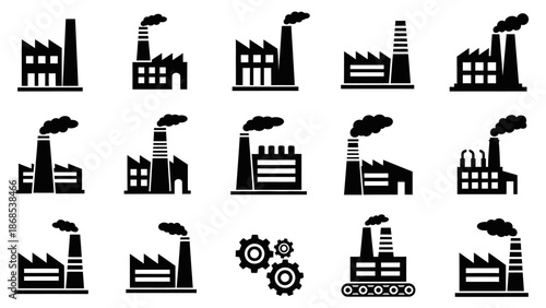 Collection of industrial factory building black silhouette icons with chimneys and smoke on isolated white background.