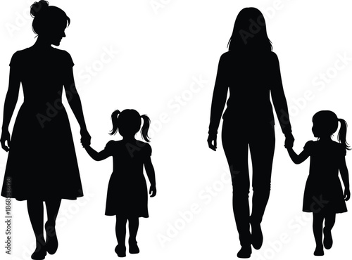 Silhouette of adult and child pairs holding hands, illustrating parenting, connection, and generational diversity in family relationship concept