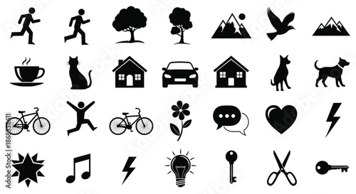 Collection of black icons depicting nature activities and objects in a striking silhouette