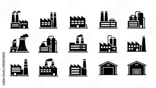 Set of Industrial Factory and Warehouse Black Silhouette Icons, isolated white background