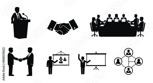 Business meeting icons depicting presentations handshakes and team collaboration a silhouette