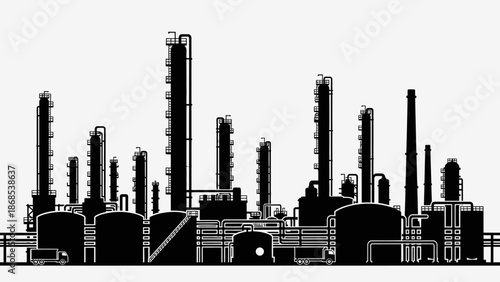 Detailed Industrial Factory or Chemical Plant Silhouette with Pipes and Structures, isolated white background