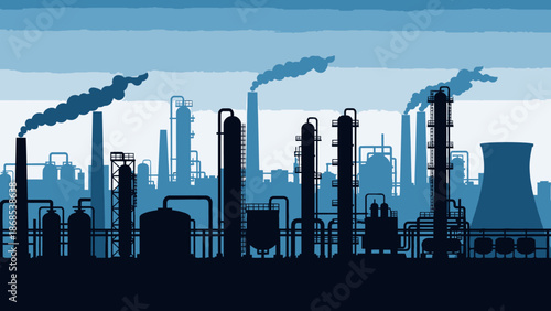An abstract vector illustration featuring a silhouette of an industrial city skyline with factory towers and a refinery under a sunset sky filled with urban smoke