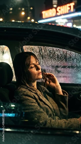 Tired woman resting in car during heavy rain at night. Exhausted female driver leaning back after third shift work with neon sign in background. Hardworking and burnout concept