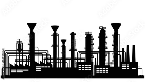 Detailed Industrial Factory Plant Silhouette with Multiple Chimneys and Structures, isolated white background