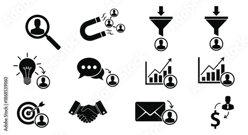 Marketing and business growth concepts illustrated with icons and human figures silhouette