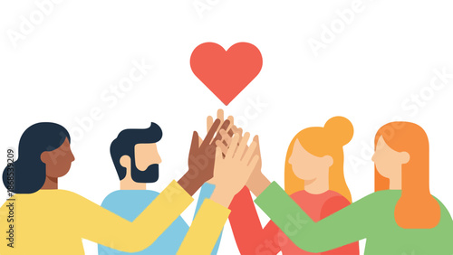 Diverse Group of People Hands Together with Red Heart Icon Vector