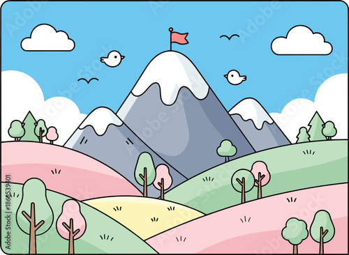 Cartoon Mountain Landscape Kawai Style with Pink and Green Hills - Vector Illustration