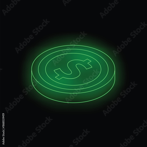 Green neon glowing dollar coin on a black background representing online payment