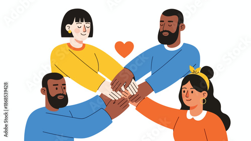 Diverse Group of Four People Stacking Hands with Orange Heart Illustration