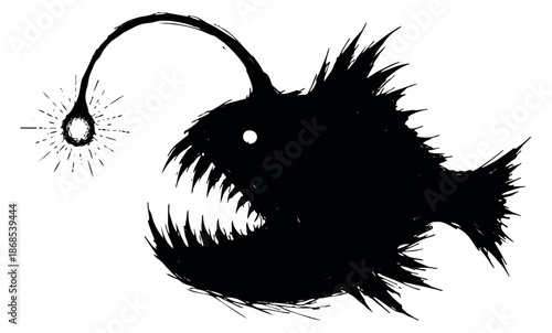 Hand drawn illustration of an anglerfish depicting its glowing lure for marine predator concepts