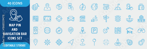 Map Pin Line Icon Set. Location Marker, Address, Position, Navigation, Tracking, Geolocation, Place and GPS Icons. Editable Outline Stroke. Vector Illustration