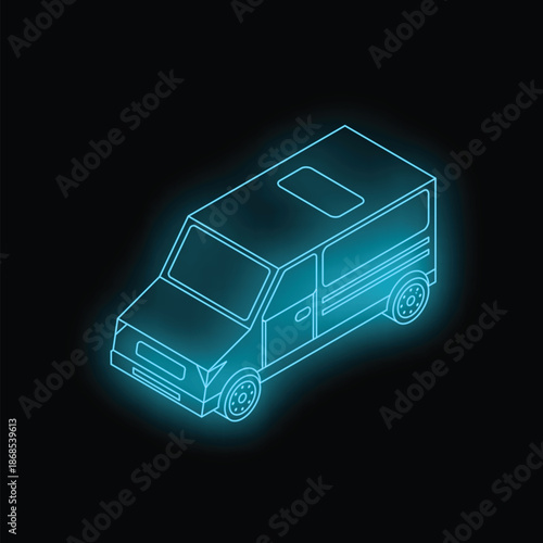 Isometric view of a neon blue minivan glowing on a dark background, perfect for transportation and technology concepts