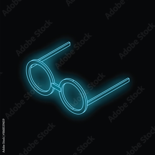 Neon blue round glasses are glowing on a black background, bringing a touch of retro style