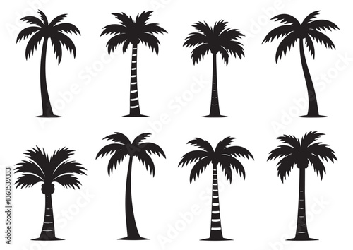 Silhouette palm tree set featuring various tropical trees for summer vacation designs