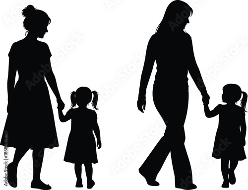 Silhouette of adults holding hands with children, symbolizing parenting, care, and emotional connection in family relationship illustration
