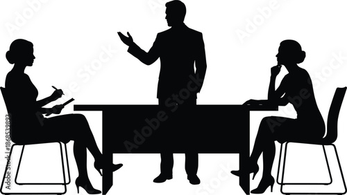 Professional business meeting silhouette showing teamwork, communication, and collaboration in office setting with presenter and attentive colleagues