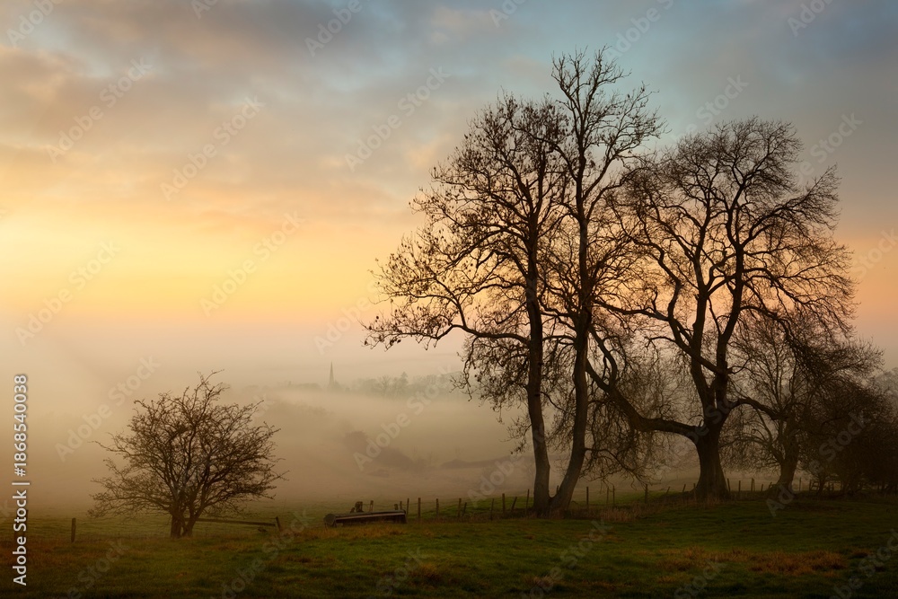 Obraz premium Misty sunset at Mickleton, Cotswolds, Chipping Campden, Gloucestershire, England