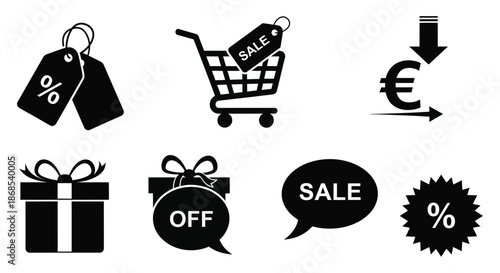 Black shopping icons including tags carts gifts and sale symbols a dramatic silhouette