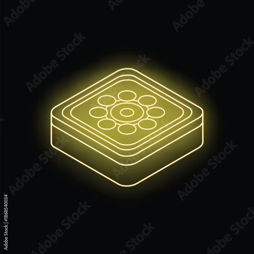 Glowing yellow neon icon of a hub and spoke system on a black background