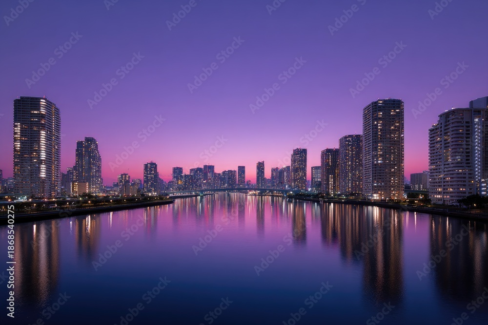 Naklejka premium City skyline reflects in calm river at dusk, bathed in vibrant pink and purple hues