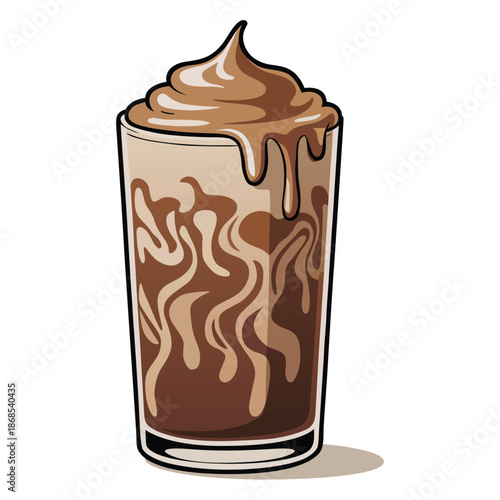 Iced Chocolate Coffee Drink with Cream Drizzle in Glass Cup Vector Illustration