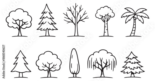 Hand drawn line art tree set featuring diverse tree shapes and species for nature illustrations