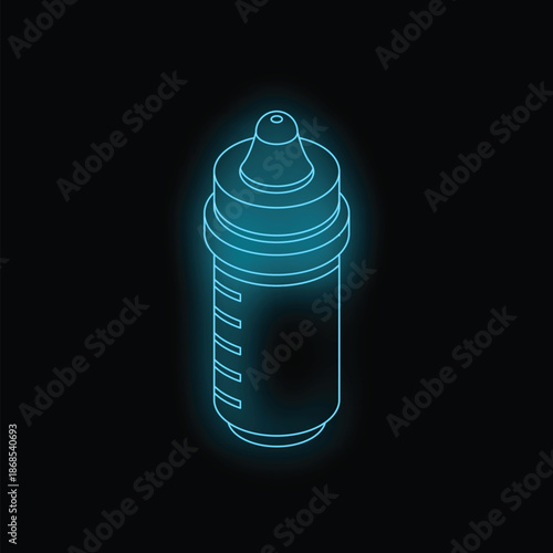 Neon icon of baby bottle glowing blue, isometrics 3d style