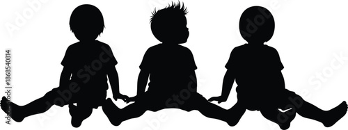 Silhouette of three children sitting on ground in relaxed poses, representing calm, childhood moments, and social development themes