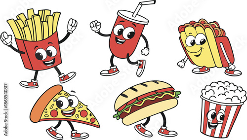 Retro Cartoon Fast Food Characters Embody Vibrant And Funky Vibes. A colorful cartoon vector illustration set of cute anthropomorphic fast food characters.  French Fries, Hot Dog, Cola And Pizza. Pop 
