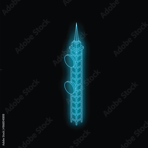Neon style telecommunication tower glowing on black background