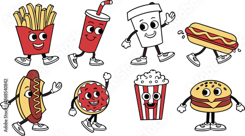 Retro Cartoon Fast Food Characters Embody Vibrant And Funky Vibes. A colorful cartoon vector illustration set of cute anthropomorphic fast food characters.  French Fries, Hot Dog, Cola And Pizza. Pop 