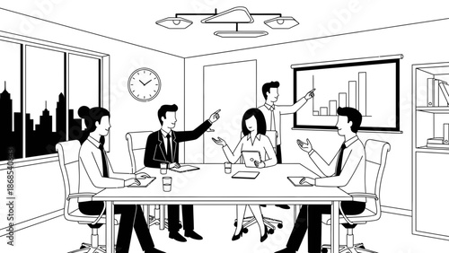 Business professionals discussing around a conference table in a modern office.